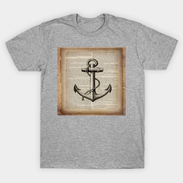 1980s dark academia beach nautical captain newspaper print vintage anchor T-Shirt by Tina